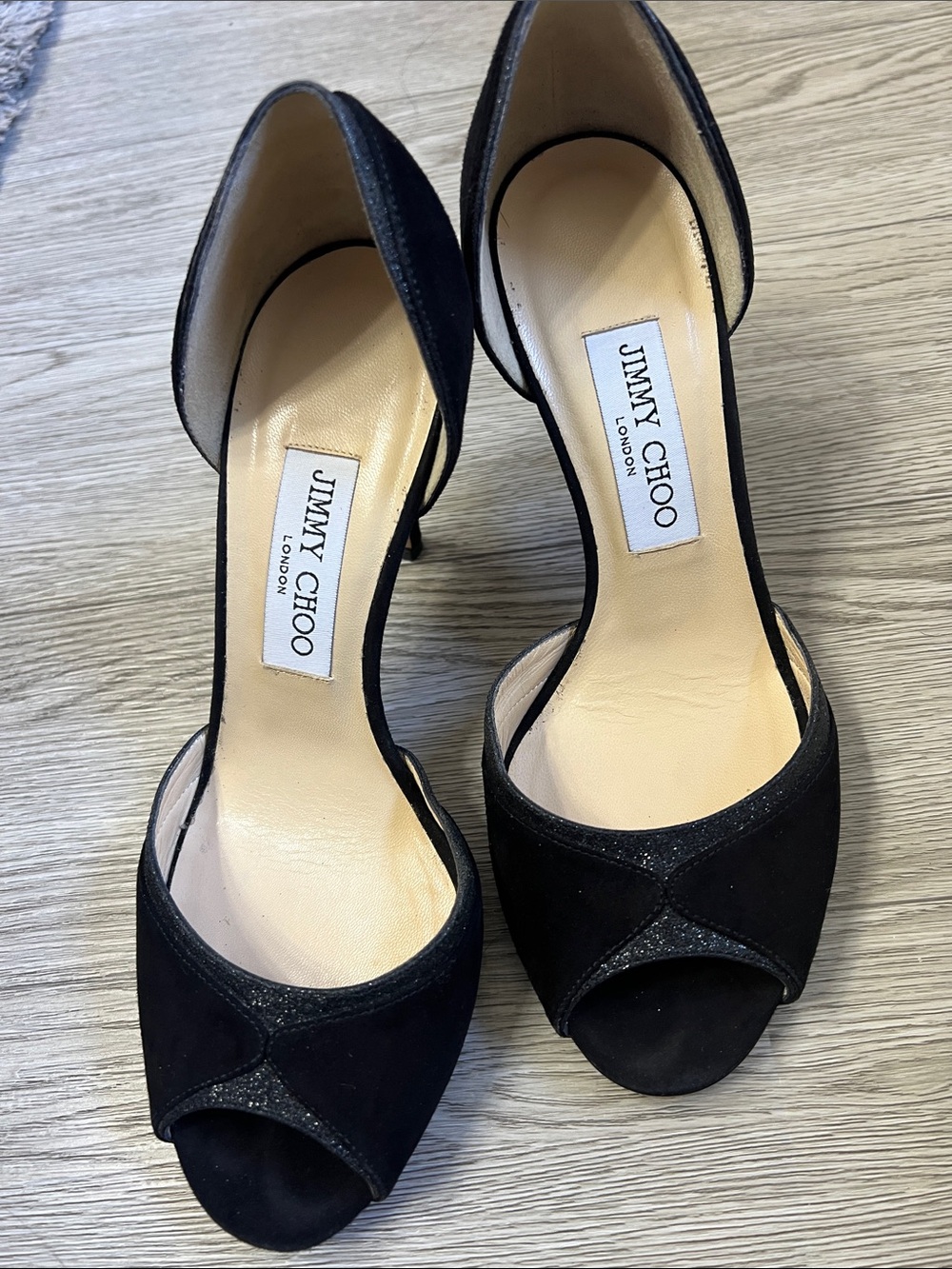 Jimmy Choo Black Suede Peep-Toe D'Orsay Heels 3”